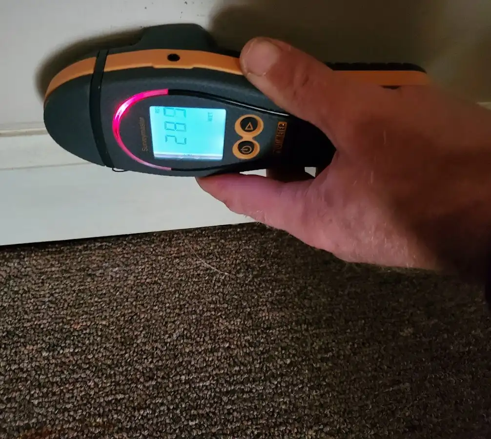 Moisture detection at baseboard during Storm Damage Restoration in Greenville